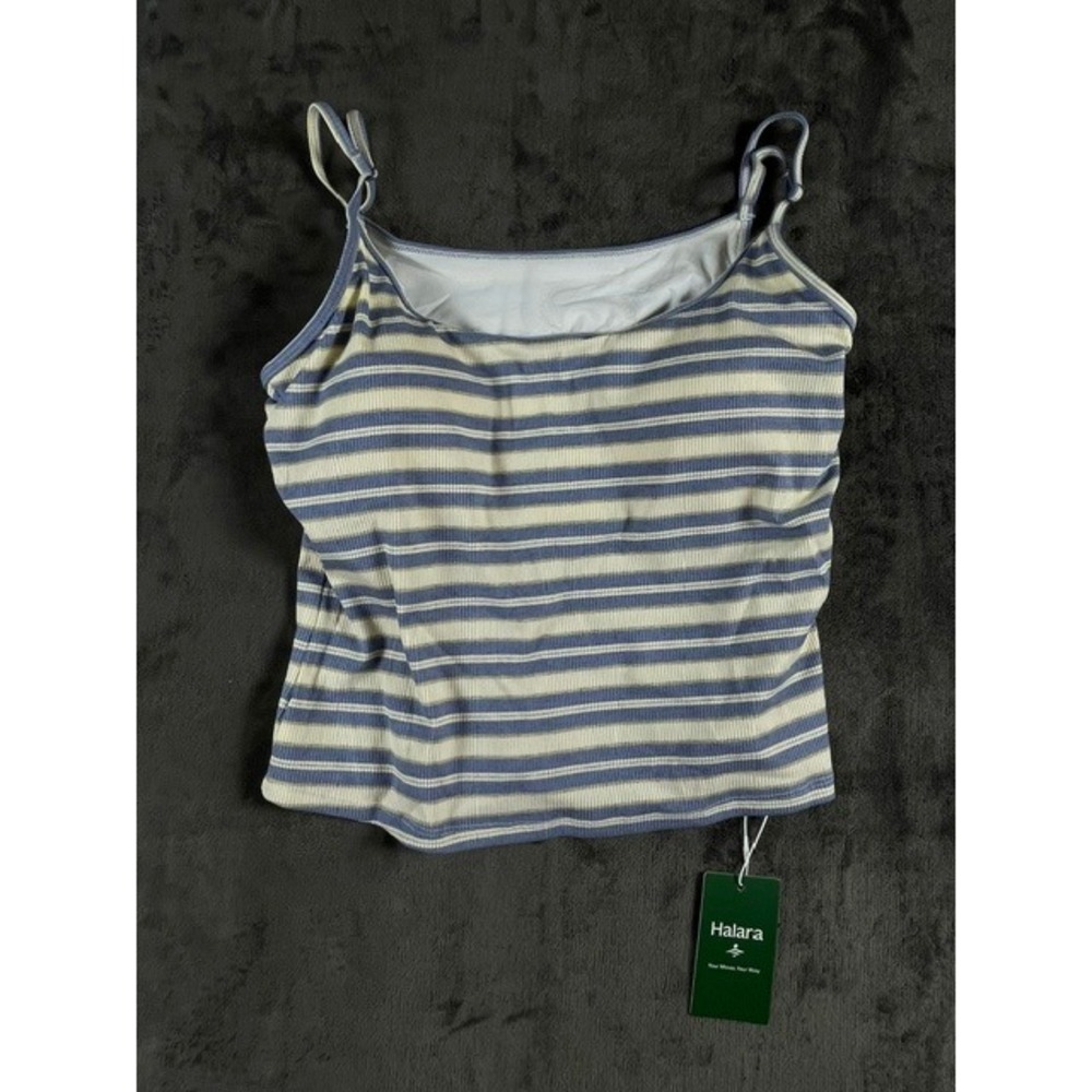 Halara Striped Ribbed Knit Cami Top Blue White Built-in Bra Large NEW